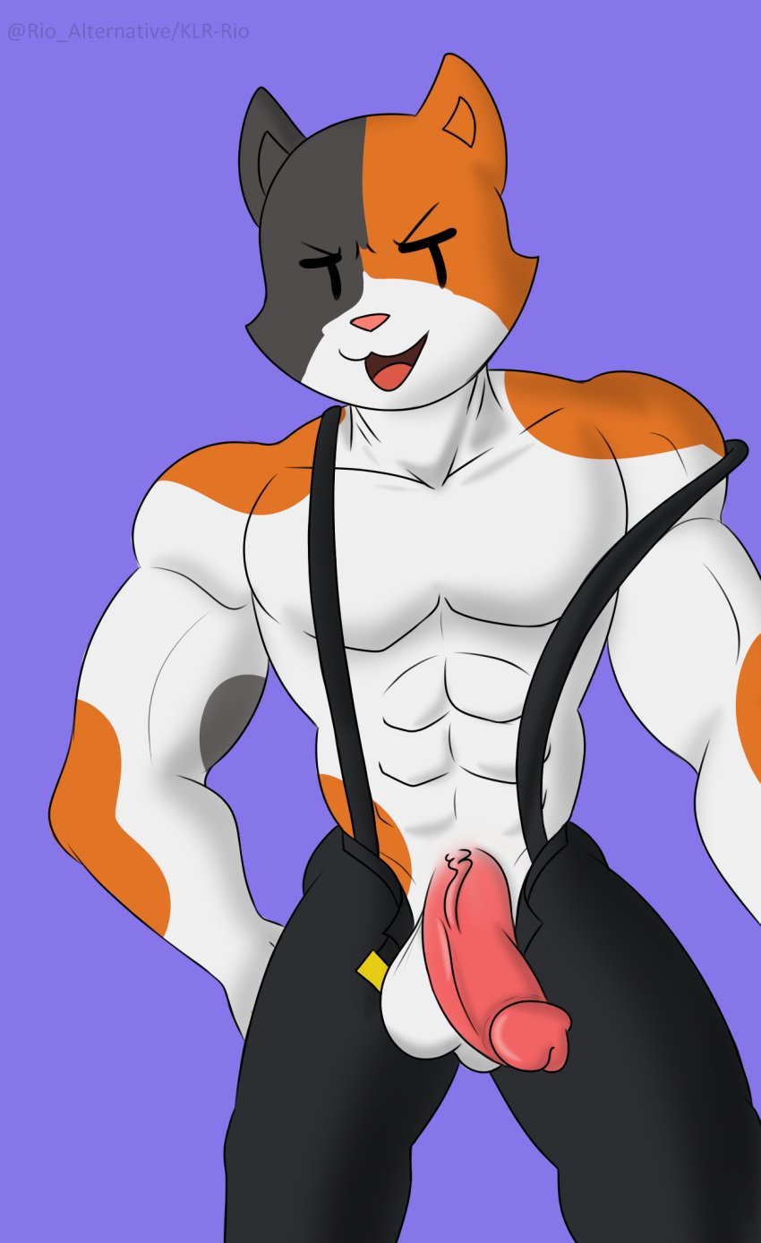 1boy 2020 anthro balls bottomwear calico_cat clothing digital_media_(artwork) domestic_cat epic_games erection felid feline felis fortnite fur genitals hi_res klr-rio looking_at_viewer male male_only mammal meowscles_(fortnite) muscular muscular_male open_mouth penis simple_background smile solo standing suspenders vein video_games white_body white_fur