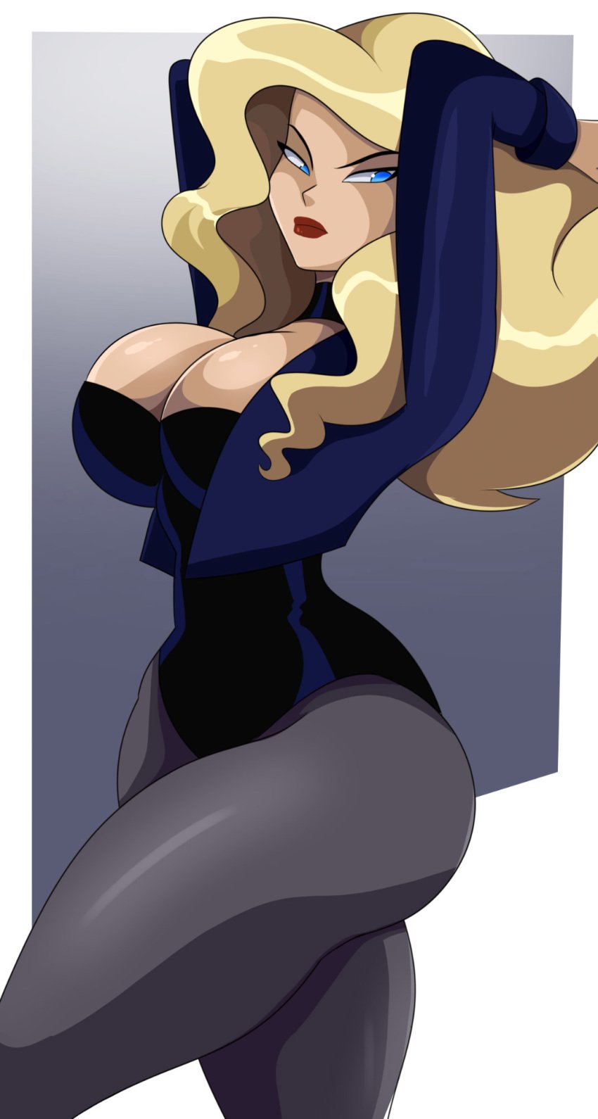 big_breasts black_canary blonde_hair blue_eyes choker dc dinah_lance justice_league justice_league_unlimited leotard long_hair mature_female mini_jacket muscular_thighs sonson-sensei stockings superheroine thick_thighs