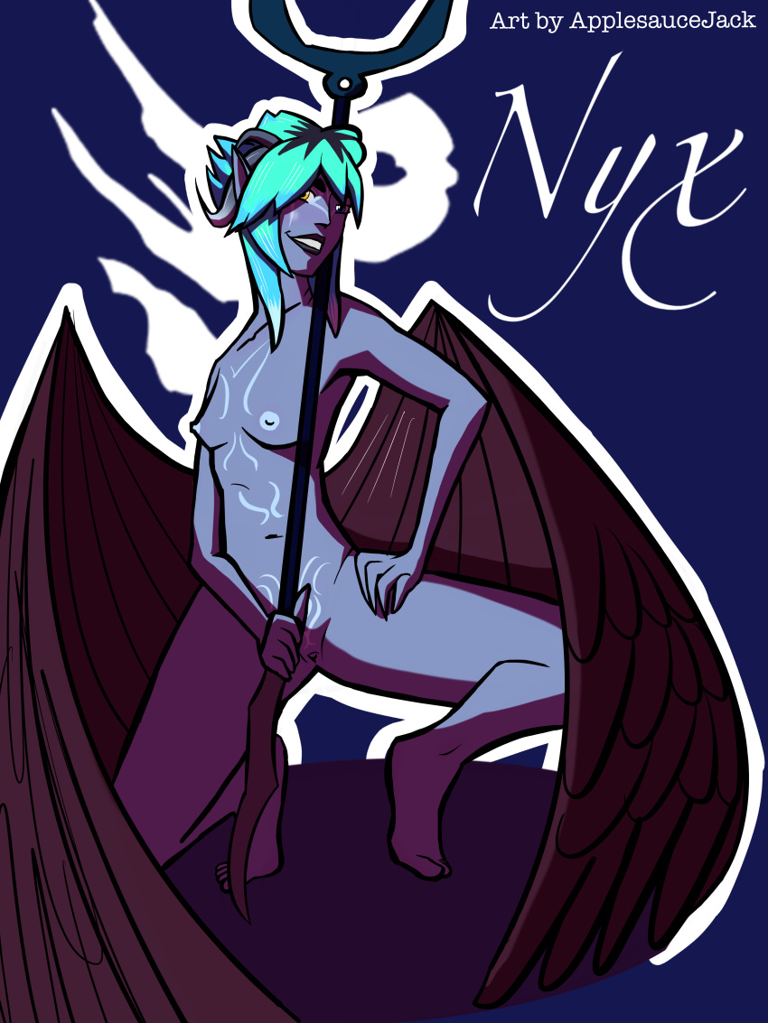 applesauce_jack blue_hair breasts elf elf_ears facepaint female female_only grey_skin hand_on_hip heterochromia horns nipples nude_female nyx_(the_dragon_prince) pointy_ears skywing_elf small_breasts smile squatting staff the_dragon_prince wings