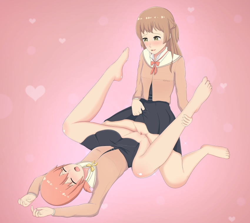 2girls absurdres ahoge bare_legs barefoot black_shirt blazer blush bottomless braid breasts brown_eyes brown_hair clitoris closed_eyes clothed_sex clothing commission couple cowgirl_position eyebrows_visible_through_hair female_orgasm hand_on_another's_leg heart highres jacket koito_yuu long_hair looking_at_another looking_down multiple_girls open_mouth orange_neckwear orgasm peach_hair pink_background pussy saeki_sayaka school_uniform setrakian shiny shiny_hair shiny_skin shirt short_hair simple_background sitting sitting_on_person skirt skirt_lift skirt_pull small_breasts smile spread_legs tribadism uncensored uniform yagate_kimi_ni_naru yellow_neckwear yuri