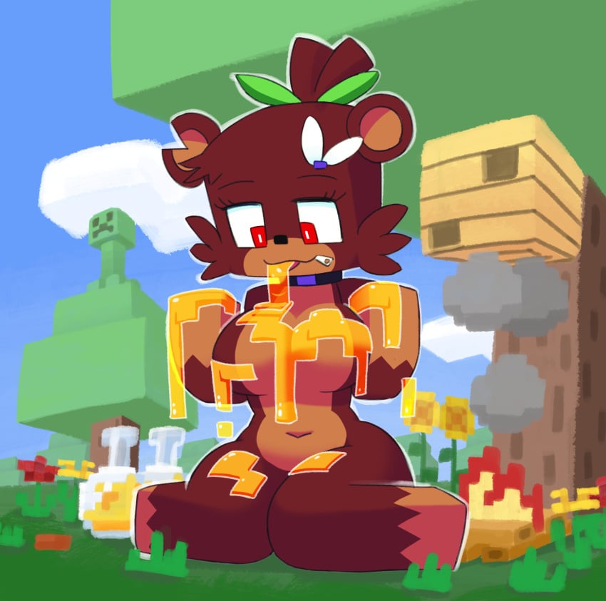 1girls anthro anthrofied bear bia_prowell_(slipperyt) big_breasts breasts cloud creeper cube_head female female_only fire furry honey horny_female humanoid living_plushie minecraft minus8 outdoors outside plushie red_eyes sky solo square_head tagme teddy_bear tree vibe