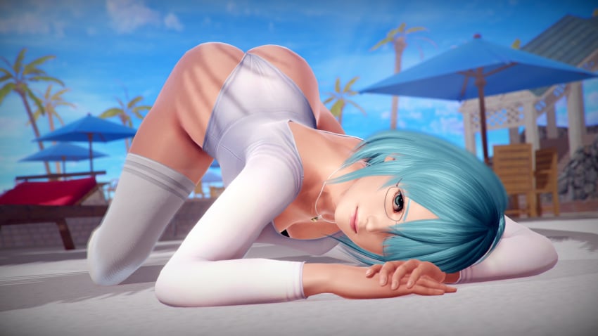 1girls 3d 3d_(artwork) beach blue_eyes blue_hair dead_or_alive dead_or_alive_6 female female_only glasses hair_over_one_eye looking_at_viewer lying nico_(doa) short_hair smile solo tagme white_legwear