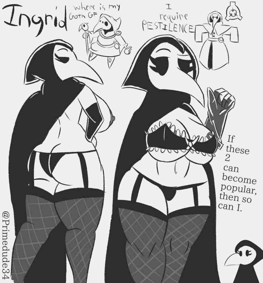 1boy 1girls big_ass big_breasts big_butt female fishnets gloves goth hooded_cloak ingrid_the_plague_doctor lingerie mask original original_character plague_doctor plague_doctor_mask primedude34 scp-049 scp_foundation spooky thick