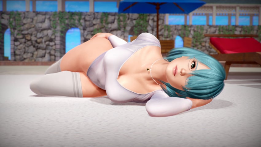 1girls 3d 3d_(artwork) beach blue_eyes blue_hair dead_or_alive dead_or_alive_6 female female_only glasses hair_over_one_eye looking_at_viewer lying nico_(doa) short_hair smile solo tagme white_legwear