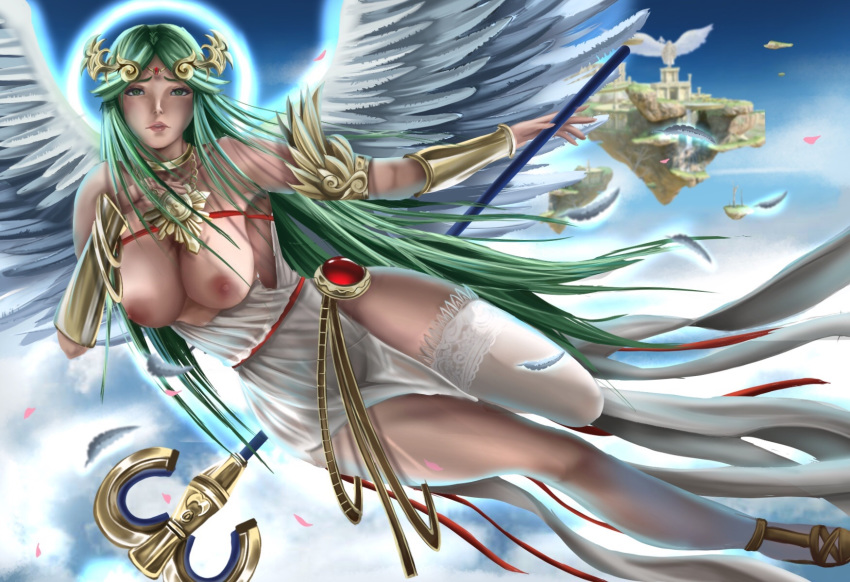 1girls breasts breasts_out goddess green_hair kid_icarus large_breasts lepypepy long_hair nintendo palutena solo thick_thighs