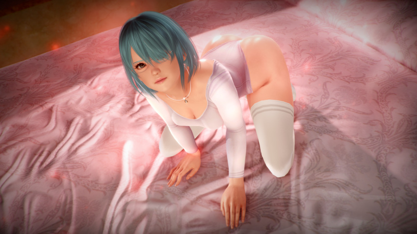 1girls 3d 3d_(artwork) bed blue_eyes blue_hair dead_or_alive dead_or_alive_6 female female_only glasses hair_over_one_eye looking_at_viewer nico_(doa) short_hair smile solo tagme white_legwear