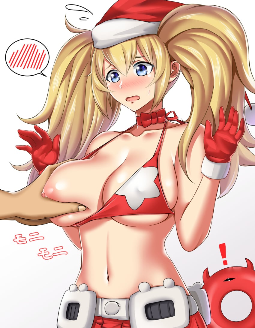 absurdres bikini blonde_female blonde_hair blue_eyes blush breasts christmas enemy_lifebuoy_(kantai_collection) female gambier_bay_(kantai_collection) gloves hat highres kantai_collection kome_cola large_breasts long_hair open_mouth santa_bikini santa_hat solo swimsuit twintails