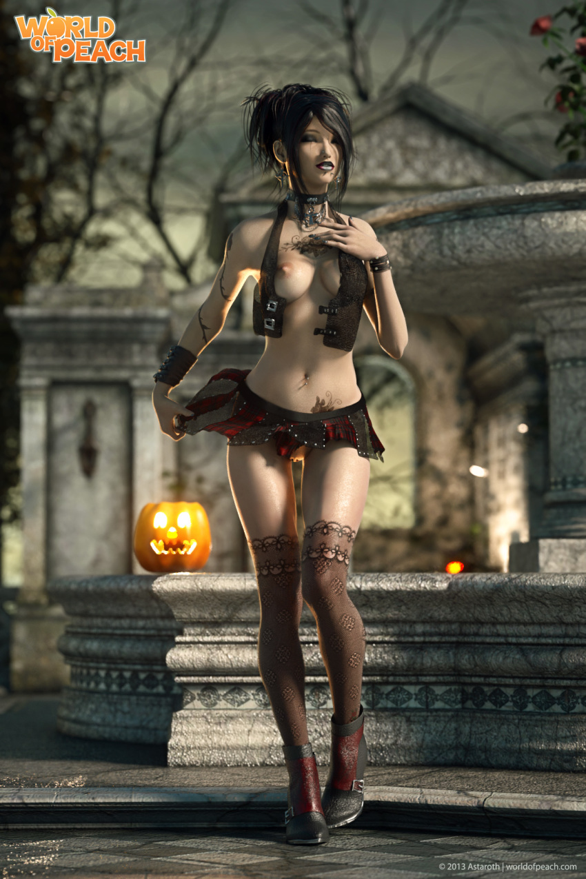 1girls 3d ass black_hair breasts bust busty chloe_(world_of_peach) female female_only legs naked nude original_character partially_clothed short_hair solo tattoo tattoos tokage voluptuous world_of_peach