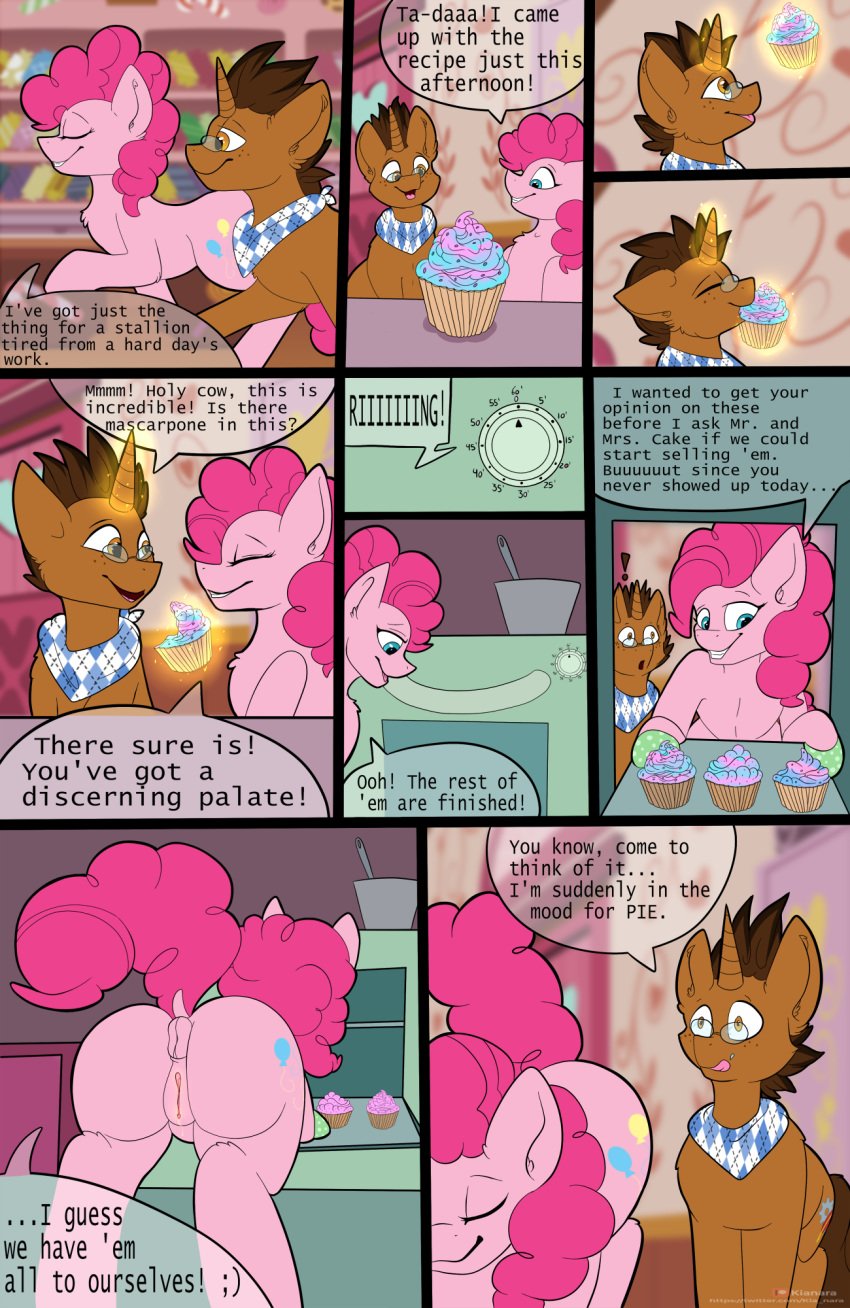 anus ass ass_up big_butt comic copper_plume_(oc) cupcake duo english_text equid eyewear female feral food friendship_is_magic genitals glasses hi_res horn kianara licking licking_lips male mammal my_little_pony pinkie_pie_(mlp) puffy_anus pussy text tongue tongue_out unicorn