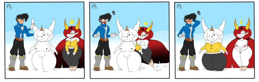 3panels ass big_ass big_breasts black_hair breasts comic commission disney frostbiteboi hekapoo horns naked nipples nude oc original_character purple_hair snow star_vs_the_forces_of_evil tagme thunderfoxjt winter