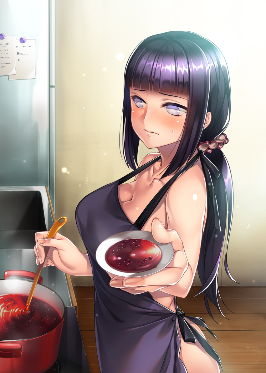 1girls apron blush clavicle cleavage cooking embarrassed embarrassed_nude_female female female_only food foreshortening housewife hyuuga_hinata kitchen ladle large_breasts long_hair looking_away low_ponytail naked_apron naruto naruto:_the_last naruto_(series) offering ponytail pot purple_hair refrigerator rororororo scrunchie shy sweat sweatdrop tied_hair violet_eyes