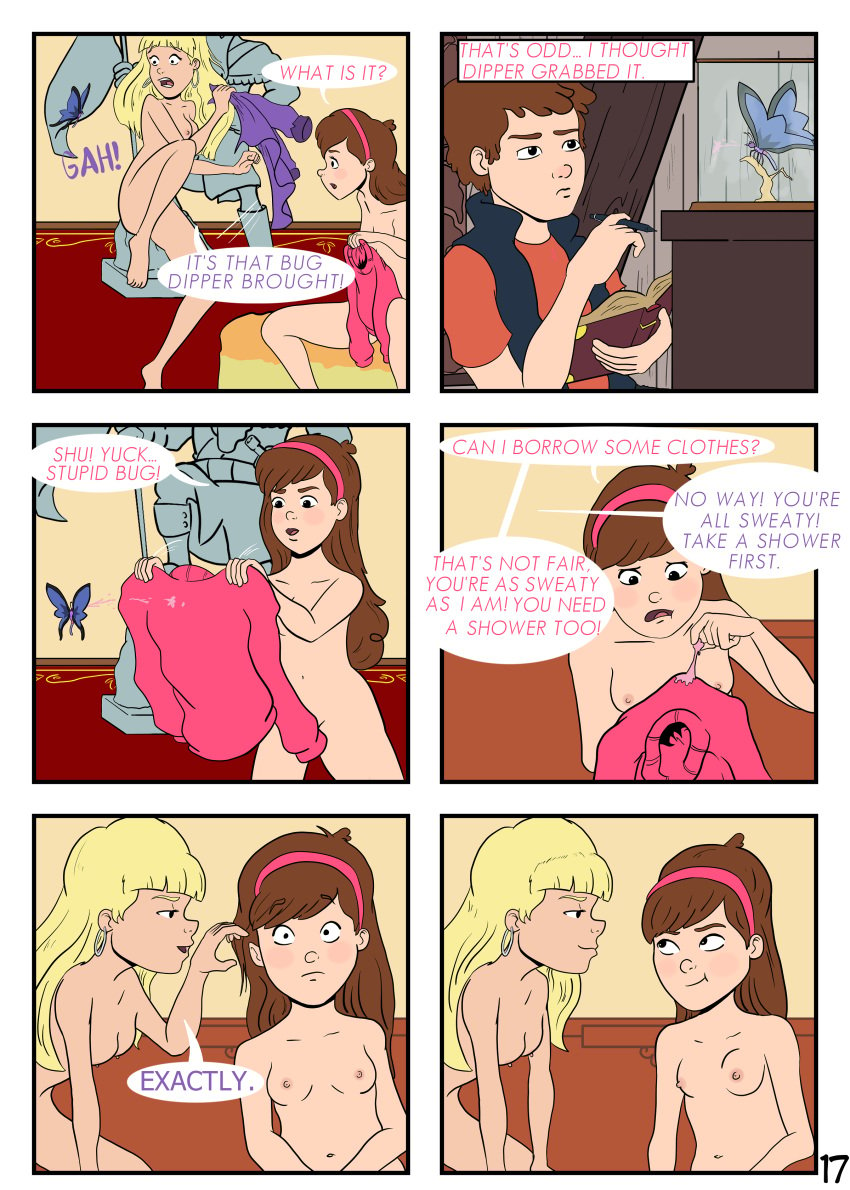 1boy 2girls aged_up blonde_hair brown_hair comic completely_nude_female dipper_pines english_text gravity_falls mabel_pines nude_female pacifica_northwest page_17 page_number sealedhelm small_breasts speech_bubble startled straight_hair