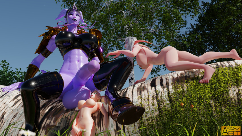 3d ayasz draenei elves futanari horsecock latex_gloves latex_thighhighs outdoors world_of_warcraft