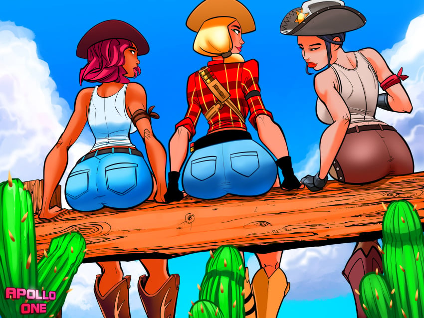 3girls absurdres apollo_one armband artist_name ass back_view belt big_ass big_lips blonde_hair breasts cactus calamity_(fortnite) clothed clouds cow_girl cowboy_boots cowboy_hat dark-skinned_female dark_skin dat_ass denim_shorts farmgirl female female_only fence fingerless_gloves fortnite gloves hat highres human large_breasts lipstick looking_at_another looking_at_viewer looking_back magenta_hair outdoors phallic_symbol plaid_shirt ponytail purple_lipstick rio_(fortnite) rio_grande_(fortnite) rustler shirt short_shorts shorts sideboob sitting sitting_on_fence sky smile tank_top trio watermark