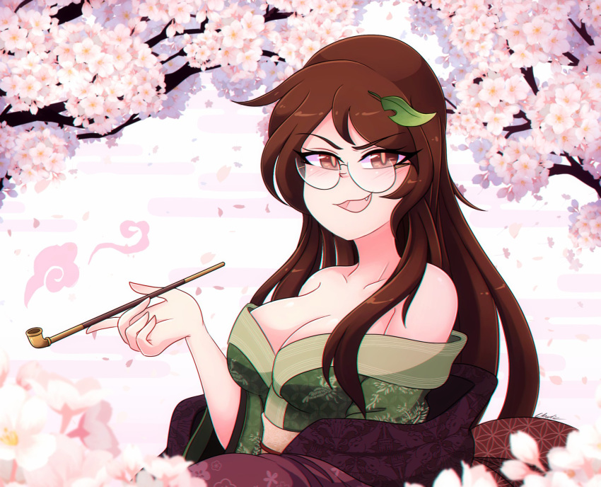 1girls big_breasts brown_hair clothing female female_only glasses green_kimono littlecloudie mamizou_futatsuiwa smoking_pipe tanuki touhou