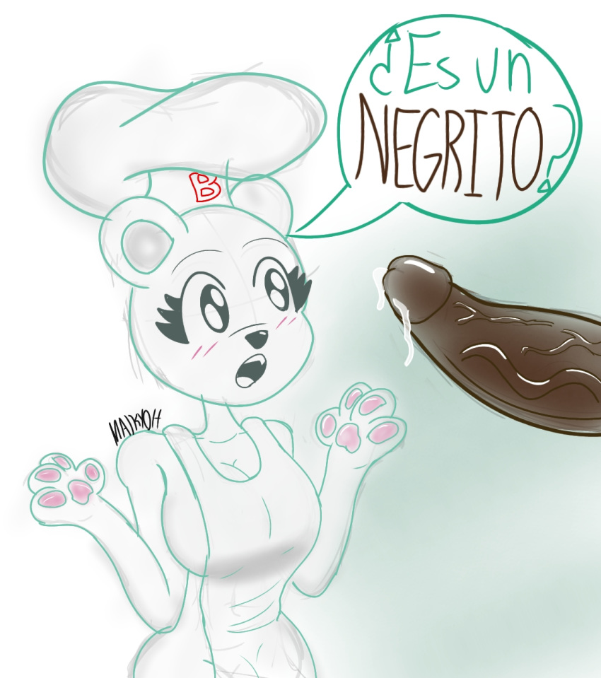 1boy 1girls anthro bear big_penis bimbo_(bakery) bimbo_bear dark-skinned_male dark_skin female furry grupo_bimbo interracial large_breasts maikyoh male marinela negrito_bimbo nito precum text