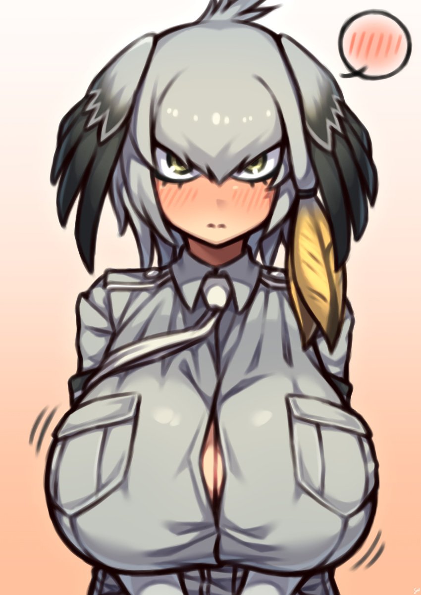 1girls blushing breasts button_gap cleavage coffeelove68 female female_only huge_breasts kemono_friends looking_at_viewer shoebill_(kemono_friends) solo utility_shirt