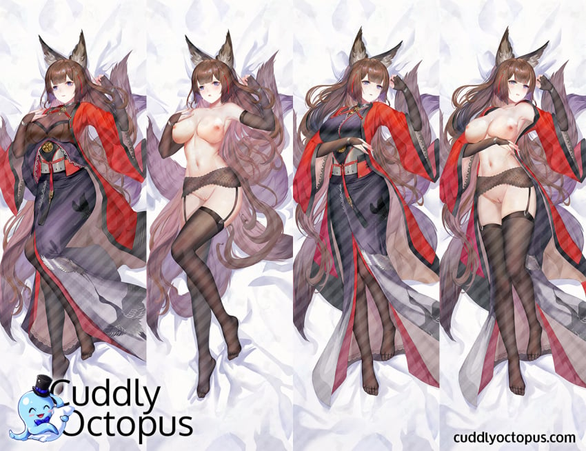 amagi_(azur_lane) animal_ears animal_tail areolae artist_request azur_lane breasts brown_hair cuddly_octopus dakimakura dakimakura_design garter_belt kitsune nipples pussy stockings uncensored watermark