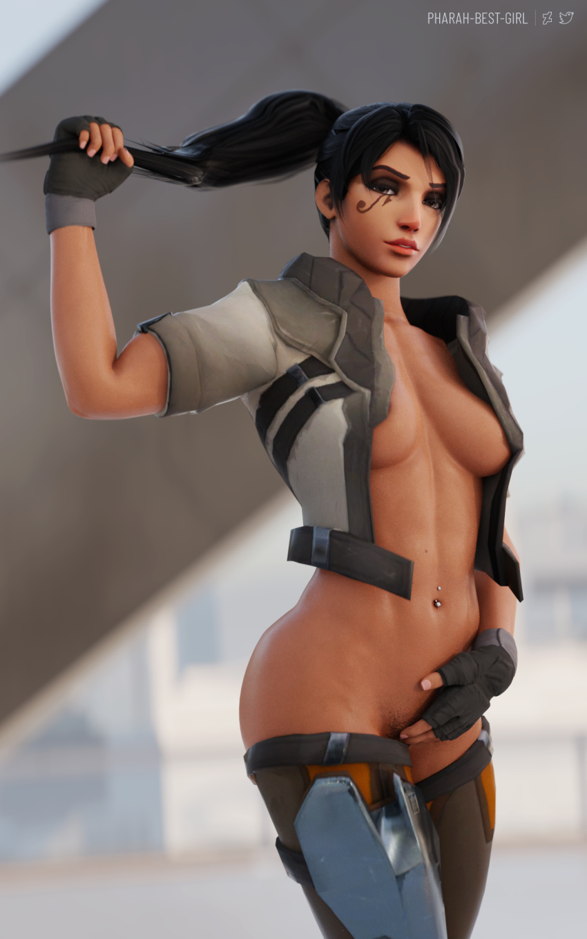 3d abs black_eyes black_hair blender dark-skinned_female dark_skin female female female_pubic_hair fingerless_gloves gloves high_resolution looking_at_viewer military military_uniform muscle muscular_female navel navel_piercing overwatch pharah pharah-best-girl piercing ponytail pubic_hair tied_hair uniform