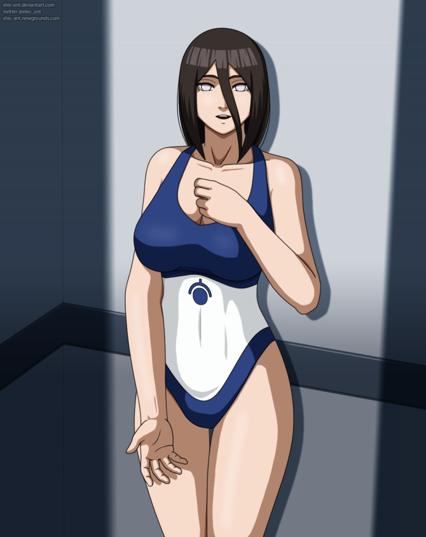 1girls bible_black big_breasts boruto:_naruto_next_generations breasts brown_hair busty cleavage dark_hair elec-ant female female_only hyuuga_hanabi light-skinned_female light_eyes light_skin long_hair long_legs naruto naruto_(series) one-piece_swimsuit slender_legs solo straight_hair swimsuit thighs violet_eyes