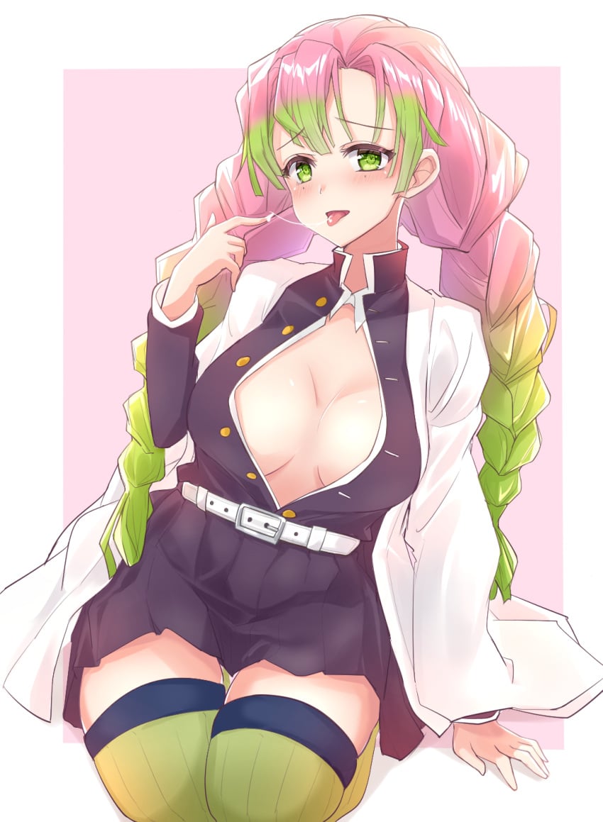 1girls blush braided_hair breasts cleavage demon_slayer female green_eyes green_hair haori heckler_kai kanroji_mitsuri kimetsu_no_yaiba large_breasts long_hair mole_under_eye no_bra open_clothes open_mouth pink_hair saliva saliva_trail solo thighhighs tongue tongue_out twin_braids uniform