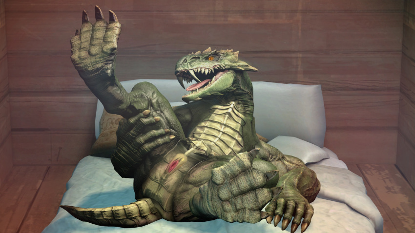 2020 3d anthro bed claws fangs female furniture genitals glitched_securitron hand_on_thigh hi_res lizard on_bed presenting pussy quake reptile scalie seductive solo sorlag source_filmmaker spread_legs spreading video_games