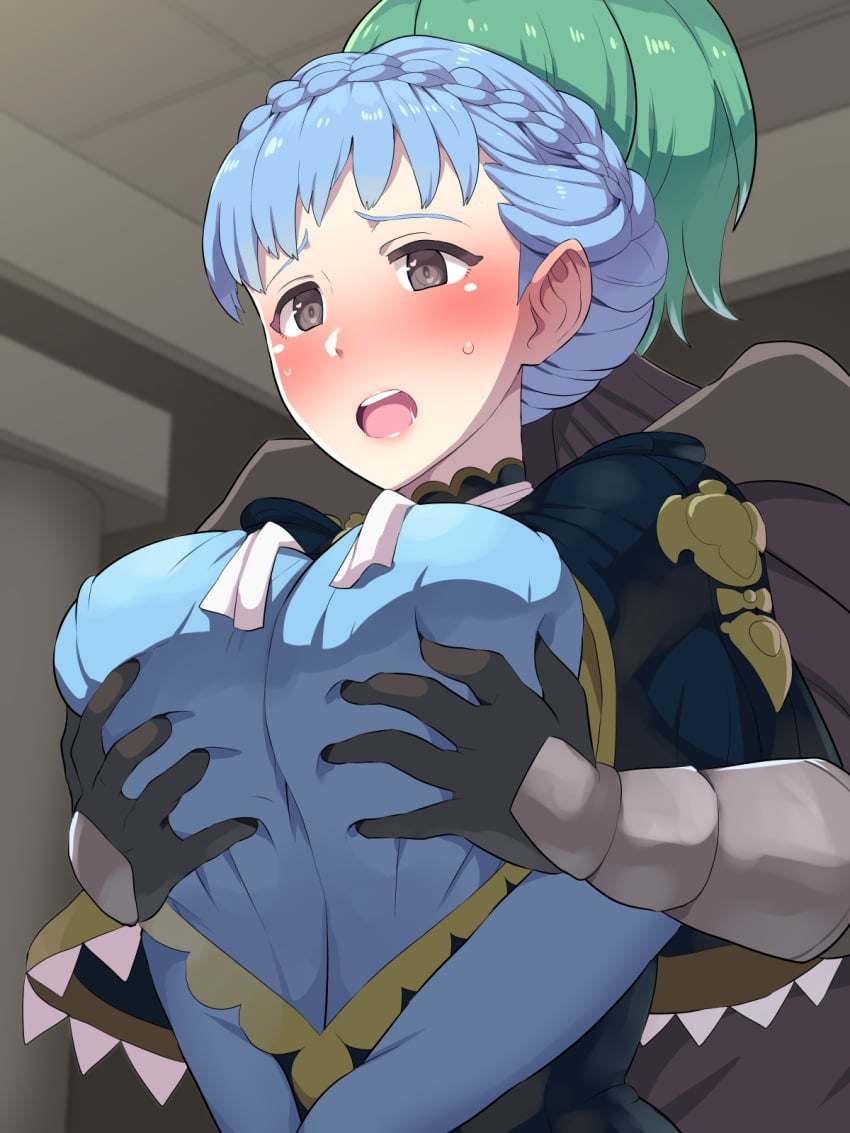 1girls blue_hair blush boris_(noborhys) breast_grab breasts byleth_(fire_emblem) byleth_(fire_emblem)_(male) cleavage cupping_breasts female fire_emblem fire_emblem:_three_houses fondling fondling_breast from_behind groping_breasts groping_from_behind groping_through_clothes large_breasts male marianne_von_edmund marileth nintendo open_mouth straight