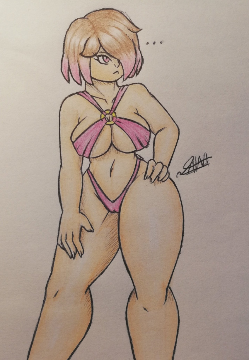 1girls bete_noire big_ass big_breasts brown_hair drawing glitchtale hand_on_hip looking_away not_paint pink_eyes pink_hair sling_bikini tagme undertale undertale_fanfiction white_skin