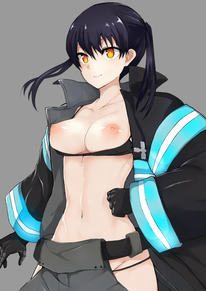 baggy_pants bangs belt bikini bikini_pull black_belt black_bikini black_bikini_top black_coat black_gloves black_hair breasts clenched_hand coat collarbone commentary_request cowboy_shot enen_no_shouboutai eyebrows_visible_through_hair female fire_force gloves grey_background grey_pants groin hair_between_eyes hand_on_hip highres hip_vent kotatsu_tamaki kurq looking_to_the_side medium_breasts medium_hair midriff navel nipples open_clothes open_coat orange_eyes pants sidelocks simple_background smile solo standing swimsuit twintails