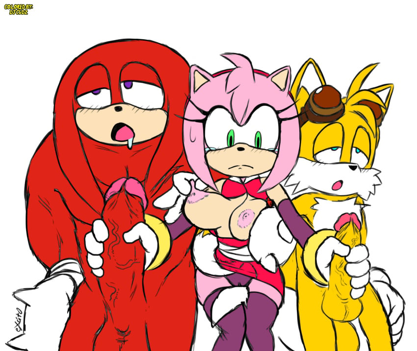 1girls 2019 2boys amy_rose amy_rose_(boom) anthro balls big_penis blush breasts breasts_out canid canine closed_eyes clothed clothed_female clothed_female_nude_male clothing clothing_lift colored double_handjob drooling echidna edit erection excito female fox furry furry_only gloves group half-closed_eyes hand_on_waist handjob hi_res interspecies knuckles_the_echidna looking_pleasured male mammal monotreme nipple_pinch nipple_pull nude nude_male open_mouth panties penile penis pinch pink_nipples pleasure_face pussy sega sex shirt sitting sketch skirt skirt_lift sonic_(series) sonic_boom sonic_the_hedgehog_(series) straight sweat sweatdrop tail_sex tails third-party_edit topwear trio waist_grab