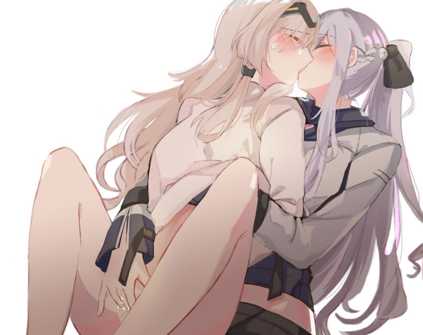 2girls ak-12_(girls'_frontline) an-94_(girls'_frontline) blonde_hair blush bottomless braid closed_eyes fingering girls'_frontline hair_ribbon hairband highres kissing long_hair messy_hair multiple_girls ponytail ribbon silver_hair yuri yuutama2804