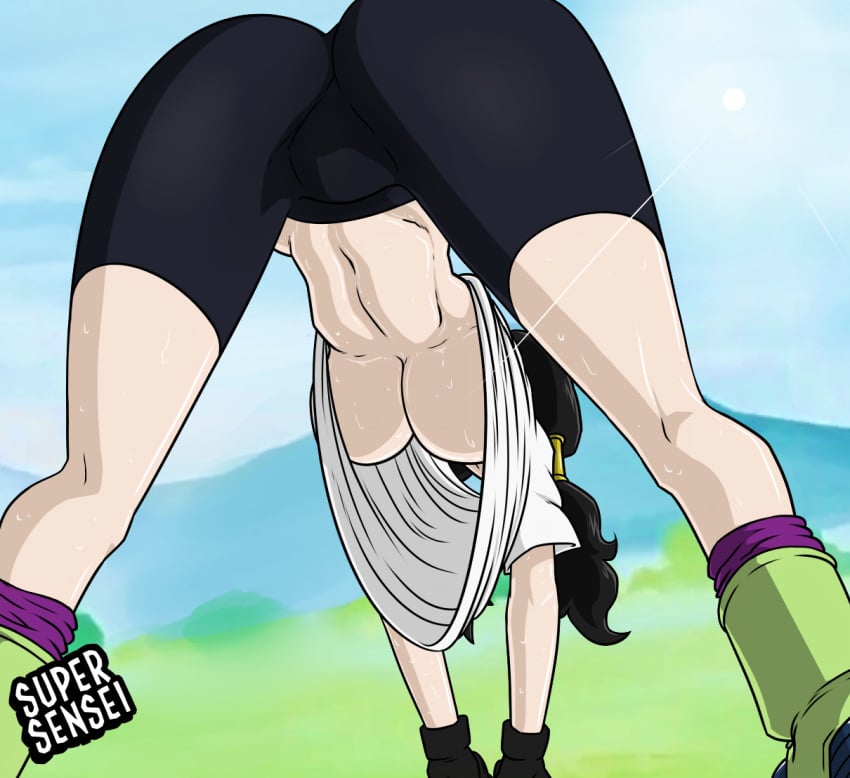 1girl ass bent_over bike_shorts dragon_ball dragon_ball_z exercise female female_only fit_female hanging_breasts loose_clothes navel no_bra solo spats stretching supersensei sweat t-shirt twintails underboob upshirt videl