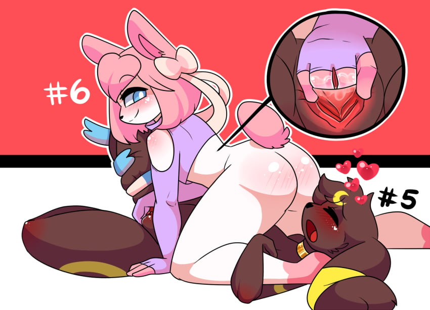 2girls alternate_color anthro anthrofied ass blue_eyes blush bodily_fluids bottomless brown_body brown_fur butt_blush canine close-up clothed clothing crop_top eeveelution female female_only fingering fur furry genital_fluids hair hashu heart interspecies lagomorph leporid long_ears lucina_(hashu) mammal moan nintendo open_mouth original_character pink_hair pokémon_(species) pokemon pokemon_(species) pokemon_gsc pokemon_xy pussy pussy_juice queenie_(hashu) rabbit shirt small_tail smug submissive sylveon tan_body tan_fur text thick_thighs topwear umbreon video_games wet wide_hips yuri