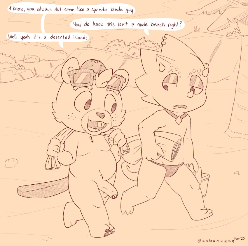 2020 animal_crossing anthro balls beach beaver belly c.j._(animal_crossing) chibi clothing detailed_background duo english_text flick_(animal_crossing) foreskin genitals hat headgear headwear hi_res humanoid_genitalia humanoid_hands humanoid_penis lizard male male_only mammal nintendo outside penis reptile rodent scalie seaside slightly_chubby speedo swimwear text towel unboxyguy video_games