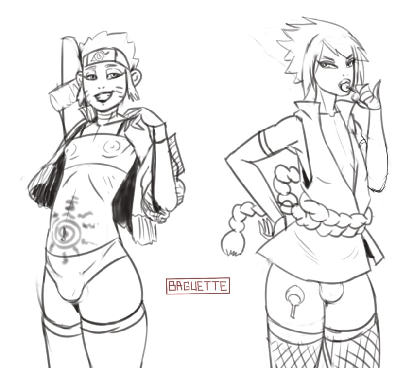 2boys abs absolute_territory baguette_(artist) bare_arms bare_shoulders black_and_white body_markings clothing erect_nipples femboy fishnet fishnet_legwear fishnet_stockings fishnets forehead_protector gay girly grin headband legs legwear lipstick lollipop makeup male male_only monochrome naruto naruto_(series) naruto_shippuden nipple_bulge nipples panties sasuke_uchiha sissification sissy sleeveless sleeveless_shirt standing stockings tattoo teeth thick_thighs thighhighs trap uncensored uzumaki_naruto whisker_markings whiskers yaoi