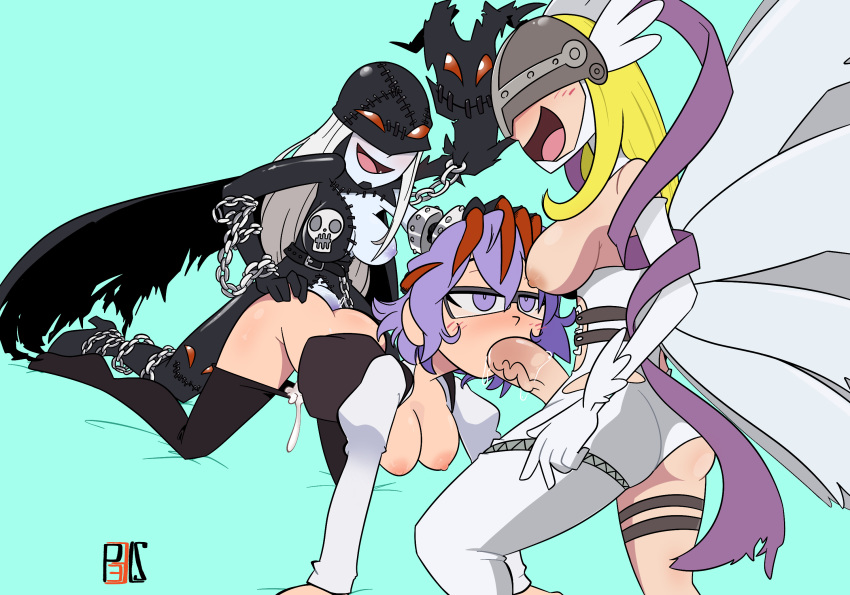 1girls 2futas angewomon areolae blonde_hair breasts digimon digimon_(species) digimon_story digimon_story:_cyber_sleuth digimon_world digimon_world_re:digitize digiphilia fellatio futa_on_female futanari high_heels human joshin ladydevimon mirei_mikagura nipples purple_eyes purple_hair sex silver_hair spitroast