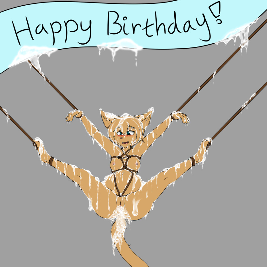 1:1 2020 4_toes anthro arylith banner basitin belly biped birthday blush bodily_fluids bondage bound breasts brown_body brown_fur brown_hair brown_nose cheek_tuft claws cum cum_inside digital_media_(artwork) excessive_cum facial_tuft female fluffy fluffy_tail fur genital_fluids genitals hair happy_birthday hi_res inflation leaking looking_pleasured mammal nipples nude open_mouth pawpads paws pussy short_hair simple_background solo spread_legs spreading submissive submissive_female suspension teeth toes tongue tuft twokinds webcomic wolfie-pawz