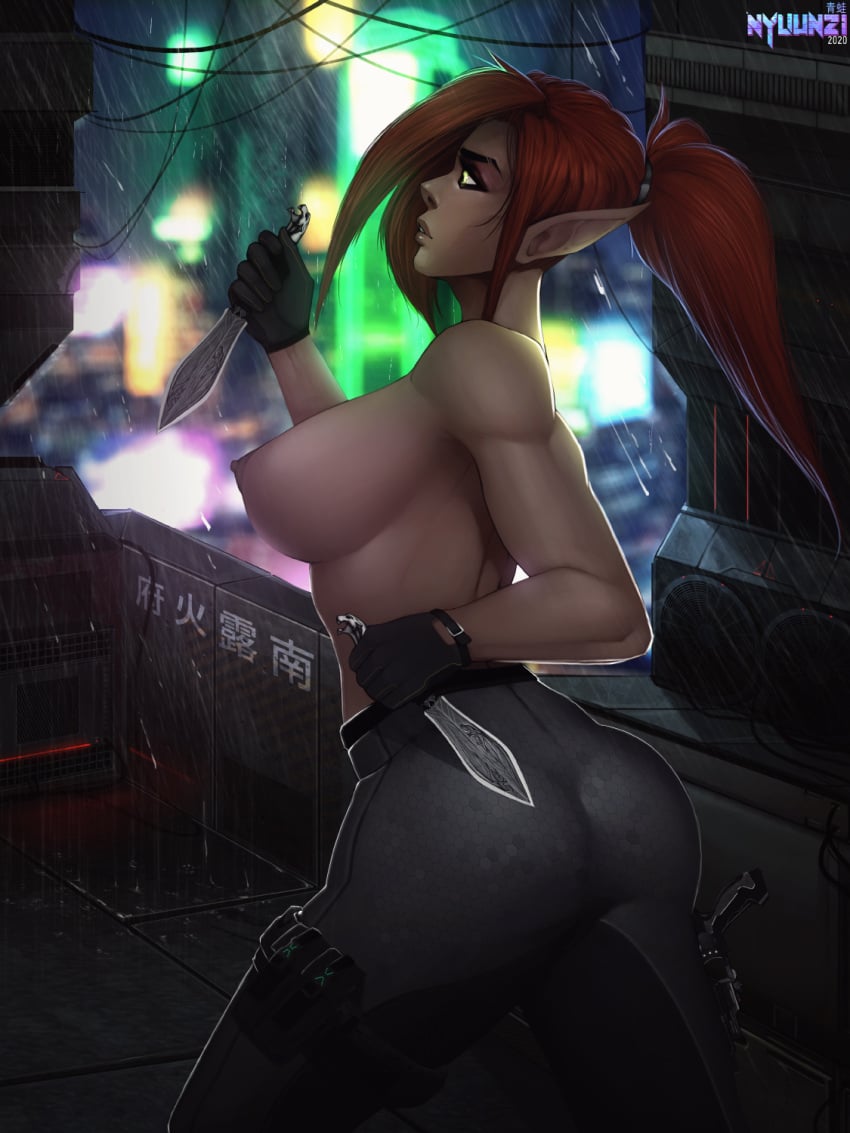 1girls areolae ass big_ass big_breasts breasts elf female female_only large_breasts nipples nyuunzi pointy_ears shadowrun solo topless