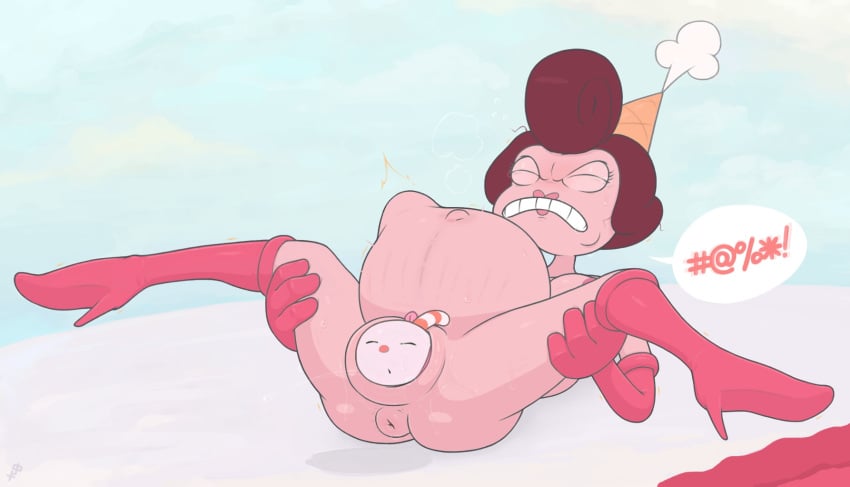 anthro anus baroness_von_bon_bon belly_bulge big_belly birth birthing breasts candy crowning cuphead_(game) cursing eyes_closed fetal_movement fugasvbashnyu gloves hands_on_legs lineage lipstick outie_navel pregnant pushing shoes speech_bubble stretch_marks text