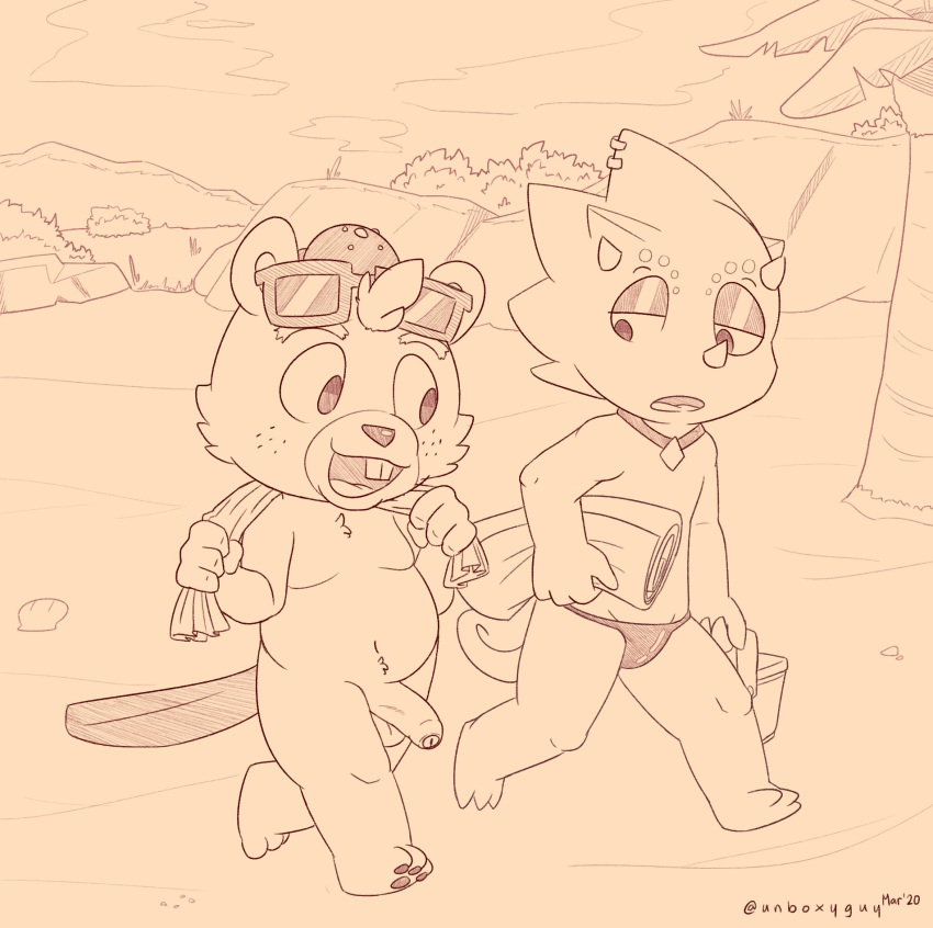 2020 animal_crossing anthro balls beach beaver belly c.j._(animal_crossing) chibi clothing detailed_background duo flick_(animal_crossing) genitals hat headgear headwear hi_res humanoid_genitalia humanoid_hands humanoid_penis lizard male male_only mammal nintendo outside penis reptile rodent scalie seaside slightly_chubby speedo swimwear towel unboxyguy video_games