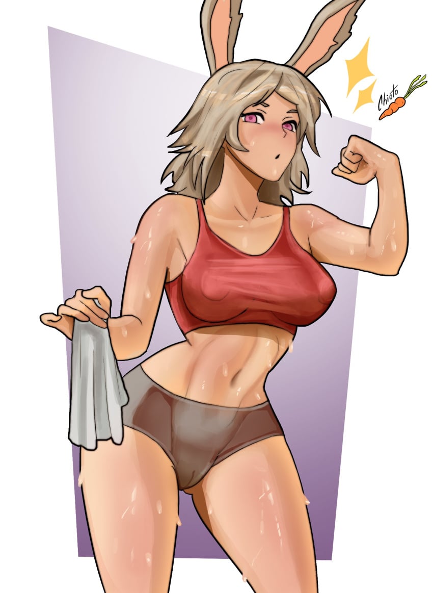 blonde_hair chiotosaurio flexing gym_clothes original original_character pink_eyes rabbit_ears solo_female strong_female wet