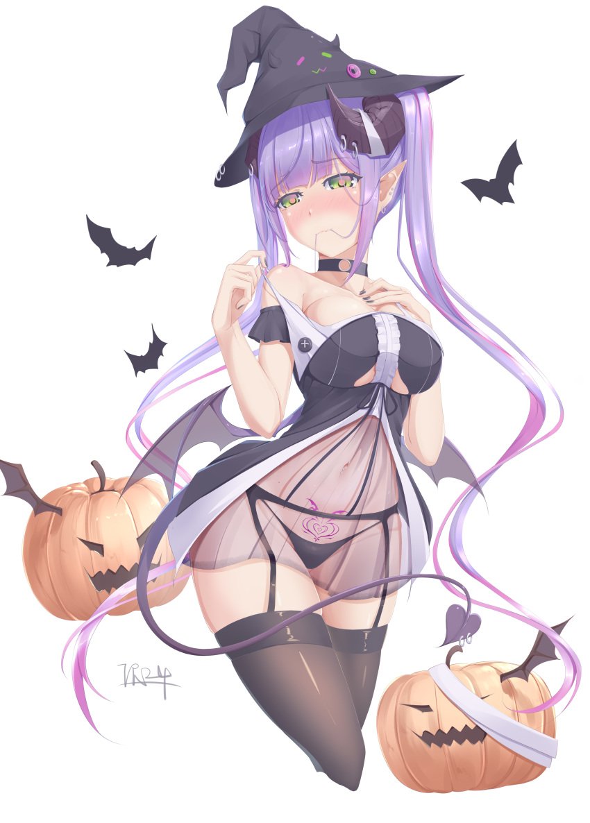 1girls absurdres alternate_breast_size bare_shoulders bat_wings bibi_(tokoyami_towa) black_dress black_headwear black_legwear blush breasts center_frills choker clothing_cutout contrapposto cropped_legs curled_horns demon_girl demon_horns demon_tail dress ear_piercing embarrassed female frills garter_belt green_eyes hair_in_mouth hair_ornament hairclip halloween hat highres holoforce hololive hololive_japan horn_piercing horns jack-o'-lantern large_breasts lingerie looking_at_viewer low_wings mini_hat multicolored_hair narrow_waist navel_piercing o-ring o-ring_choker piercing pointy_ears pubic_tattoo purple_hair see-through short_dress sidelocks skin_tight solo solo_female spaghetti_strap strap_pull streaked_hair succubus succubus_tattoo tail tattoo thighhighs thong tokoyami_towa tr24 twintails underboob_cutout underwear undressing virtual_youtuber wide_hips wings witch witch_hat