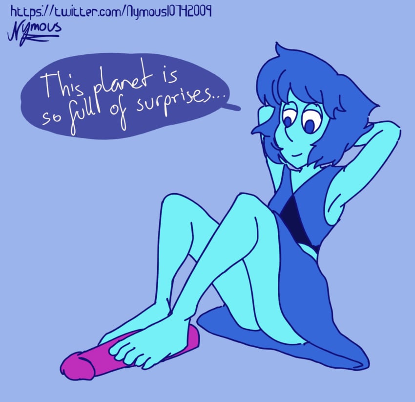 1girls alien animated artist_signature barefoot blue_eyes blue_hair comic cum cum_on_floor dialogue disembodied_penis dress ejaculation feet female foot_fetish foot_focus footjob infinite_cum lapis_lazuli_(steven_universe) nymous orgasm speech_bubble steven_universe text toes