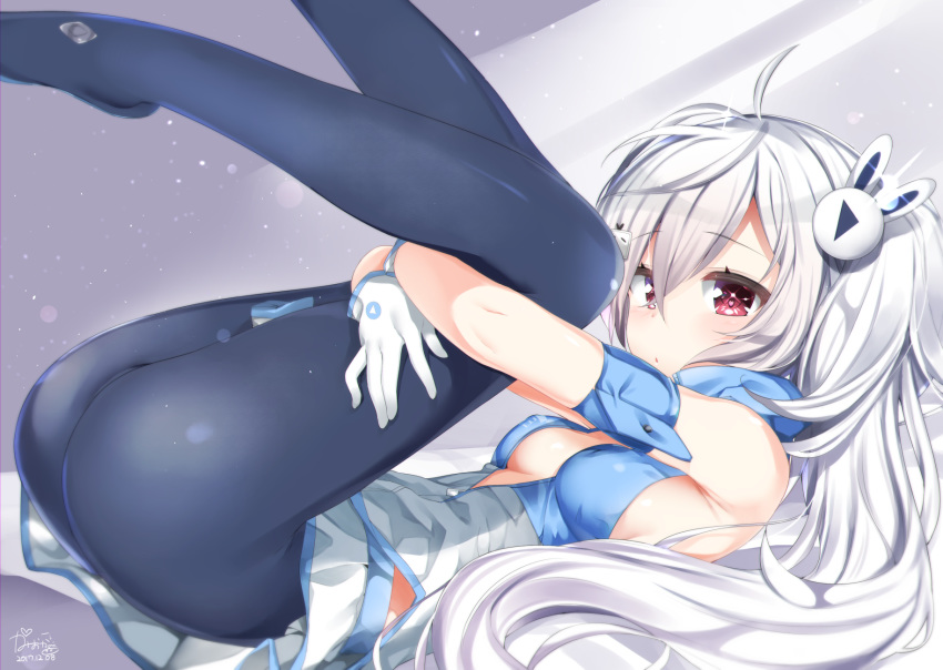 azur_lane black_leggings clothed dressed holding_legs holding_up_own_legs horny horny_female laffey_(azur_lane) long_hair looking_at_viewer nipple_bulge posing red_eyes side_boob wanting_sex wants_to_be_fucked white_hair