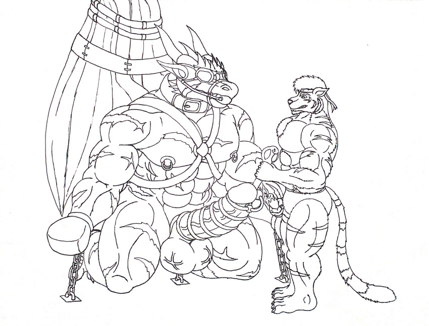 anthro blindfold bondage bound_wings chains dragon feline griffin_(awpdragon) male_only male_urethral_insertion muscular nude prisoner scars uncolored urethral_insertion yaoi