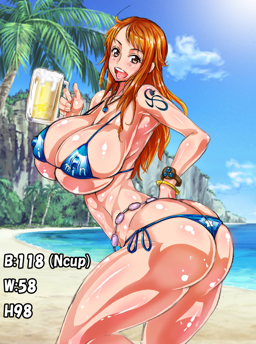 1girls absurd_res alternate_breast_size alternate_costume alternate_version_available ando_hiroyuki armpits ass bangs bare_shoulders beach beer beer_mug belt big_ass big_breasts bikini blue_bikini blush bracelet breasts cleavage clothing collarbone curvy detailed_background eyelashes female female_focus female_only hand_on_ass holding holding_object huge_ass huge_breasts human jewelry large_ass large_breasts long_hair looking_at_viewer measurements micro_bikini nami nami_(one_piece) necklace nipple_bulge nipples nipples_visible_through_clothing ocean one_piece open_mouth orange_hair outdoors palm_tree pinup post-timeskip revealing_clothes sand shiny_skin side-tie_bikini side_view sideboob skimpy smile solo solo_female sweat sweatdrop swimsuit tattoo teeth thick_thighs thighs three_sizes tongue underboob voluptuous yellow_eyes