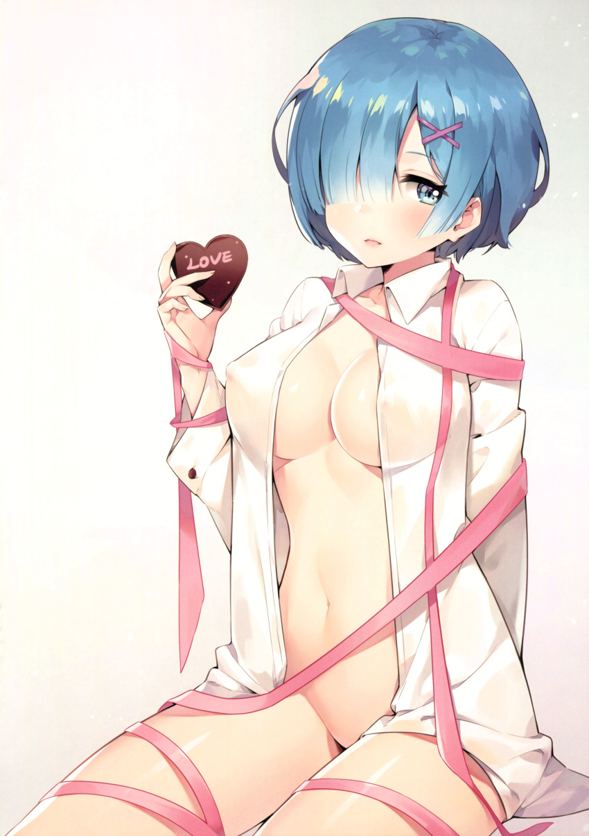 1girls arm_behind_back ayamy bangs blue_eyes blue_hair blush bottomless breasts buttons candy chocolate chocolate_heart clavicle cleavage collared_shirt cowboy_shot curvy dress_shirt erect_nipples erect_nipples_under_clothes female female_only fingernails food gradient gradient_background hair_ornament hair_over_one_eye heart high_resolution holding holding_food holding_object large_breasts long_sleeves looking_at_viewer naked_shirt navel nipple_bulge nipples no_bra nopan open_clothes open_shirt parted_lips pink_ribbon re:zero_kara_hajimeru_isekai_seikatsu rem_(re:zero) ribbon scan shiny shiny_hair shiny_skin shirt short_hair sidelocks sitting solo stomach valentine very_high_resolution white_background white_shirt x_hair_ornament