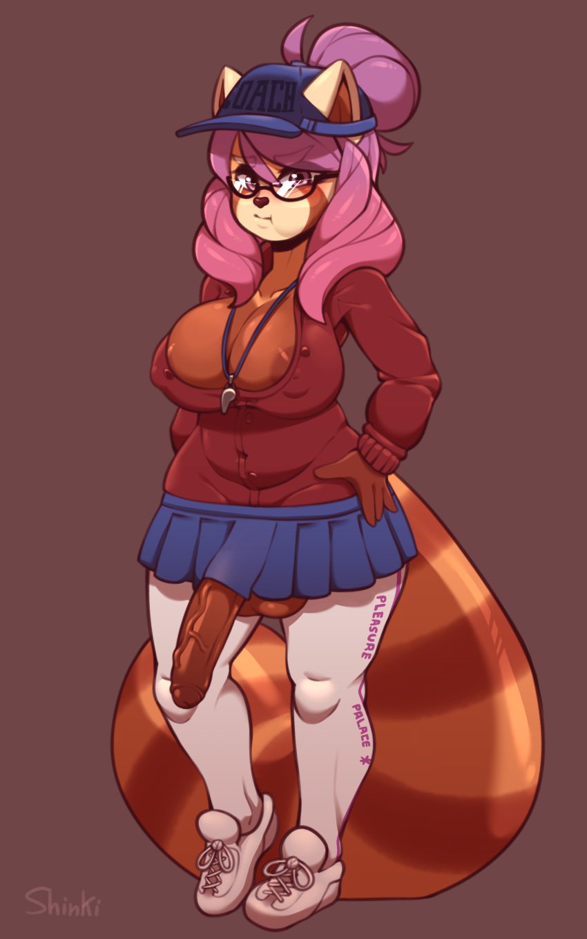 1futa 2020 ailurid areola balls bottomwear breasts clothed clothing eyewear footwear full-length_portrait furry futa_only futanari genitals glans glasses gynomorph hair hat headgear headwear intersex looking_at_viewer mammal nipple_outline penis penis_to_the_knees portrait red_panda seiko_(chewycontroller) shinki_(artist) simple_background skirt solo solo_futa vein veiny_penis whistle