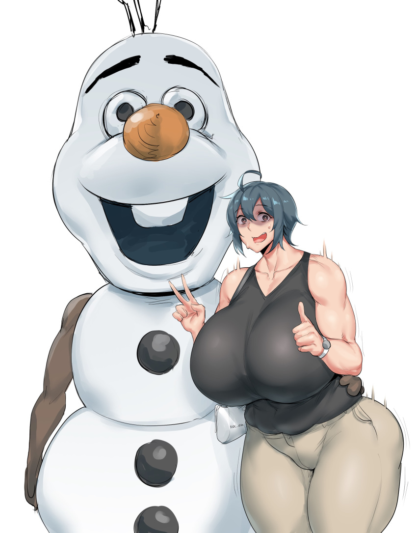 costume curvy disney frozen_(film) huge_breasts male mascot_costume mature_female milf musclegut muscular_arms muscular_female natedecock natsumi_(natedecock) olaf_(frozen) original_character rough_sketch scared sweatdrop thick_thighs venus_body