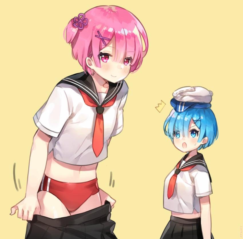 >:o /// 2girls :o alternative_hairstyle asymmetrical_hair ayami ayami_(annahibi) ayamy bangs black_skirt bloomers blouse blue_eyes blue_hair blunt_bangs blush buruma closed_mouth clothing crop_top double_vertical_stripe duo family female gym_uniform hair_ornament hair_over_one_eye looking_at_another looking_at_viewer multiple_girls navel neckerchief open_mouth pink_eyes pink_hair pleated_skirt ponytail ram_(re:zero) re:zero_kara_hajimeru_isekai_seikatsu red_buruma red_neckerchief red_neckwear rem_(re:zero) sailor_collar school_uniform serafuku short_hair short_sleeves siblings side_ponytail simple_background sisters skirt skirt_pull smile sweatdrop tied_hair twins undressing uniform v-shaped_eyebrows white_blouse x_hair_ornament yellow_background